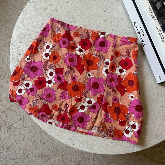 Urban Outfitters Rosie Notched Floral Pelmet Mini Skirt Linen Blend Size S - Picture 8 of 14